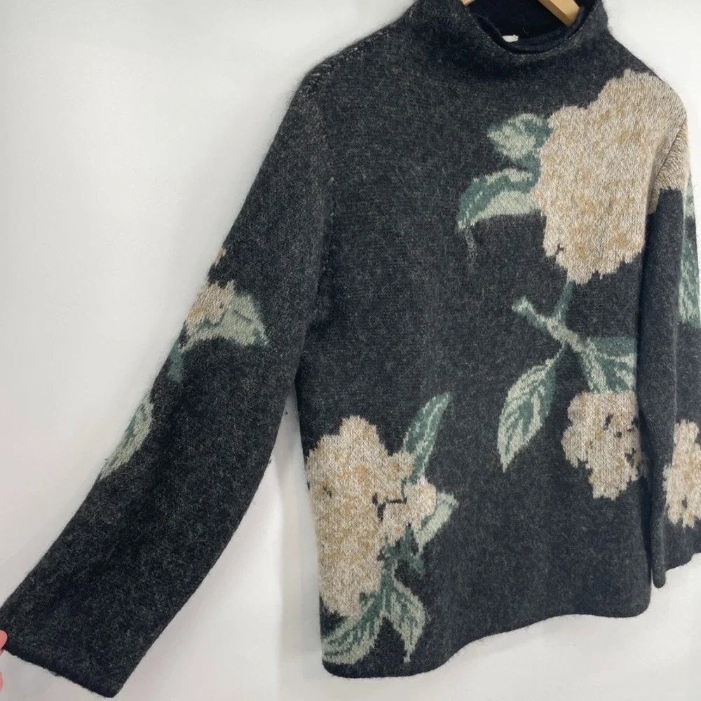 Vince‎ Brushed Floral Alpaca-Wool-Blend Funnel Neck Sweater Women's Sz XS